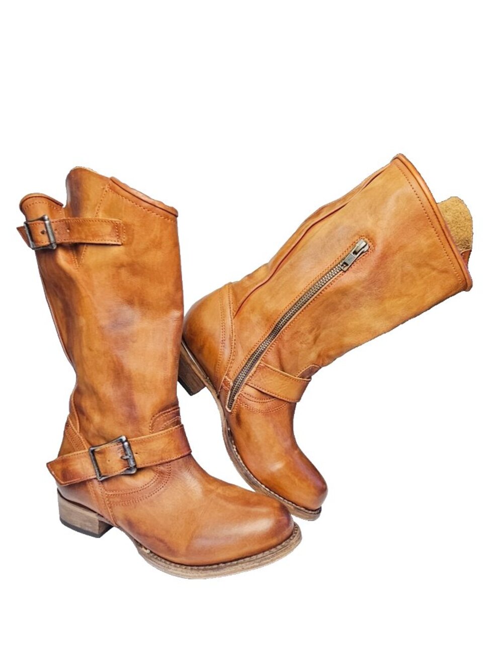 Freebird by Steven Sz 8 Rip Engineer Distressed Moto Biker Brown Leather Boots
